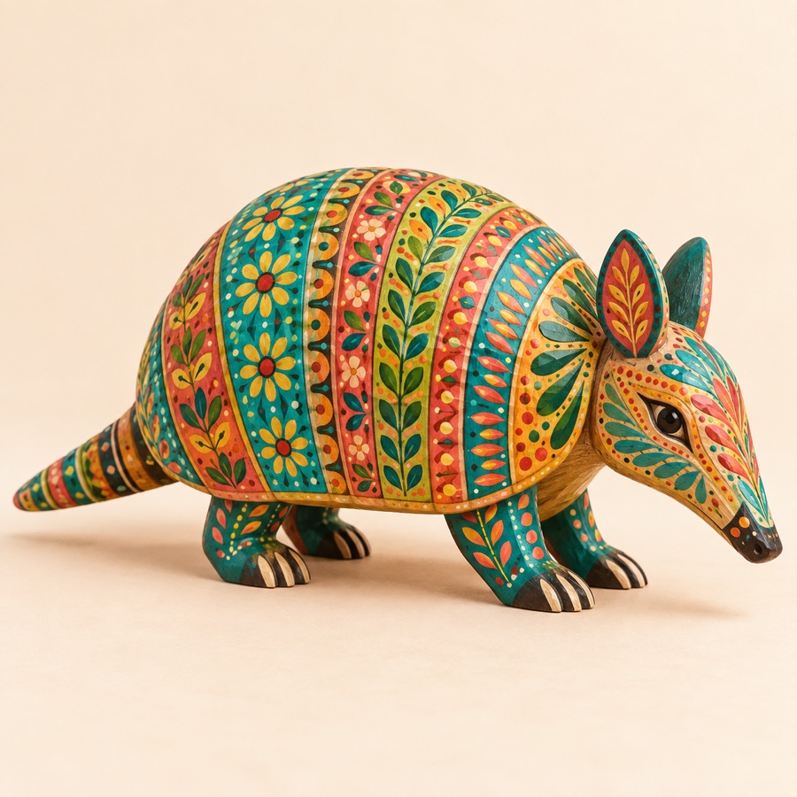 Alebrije de armadillo con caparazón decorado con flores de colores.