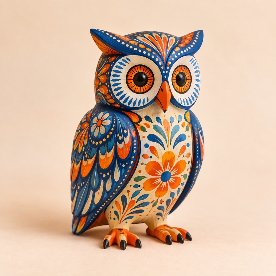 Alebrije de búho azul, naranja y crema con ojos grandes delineados.