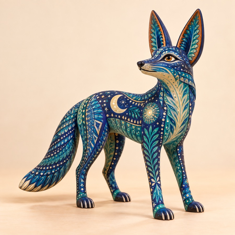 Alebrije de coyote azul con detalles lunares y hojas pintadas.