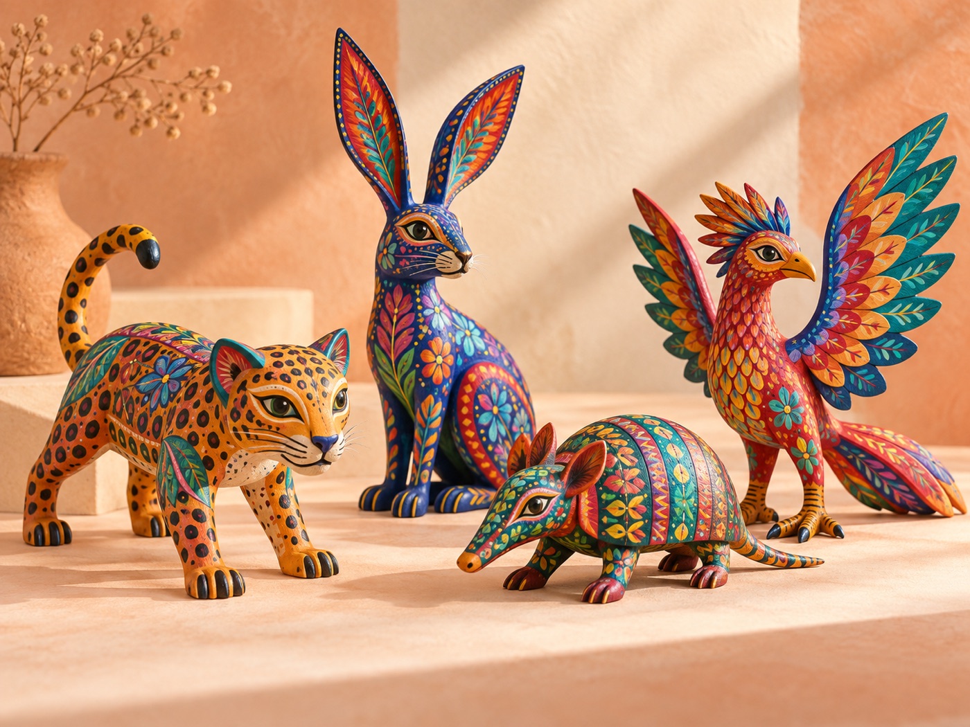 Grupo de alebrijes coloridos sobre una superficie cálida de estudio.