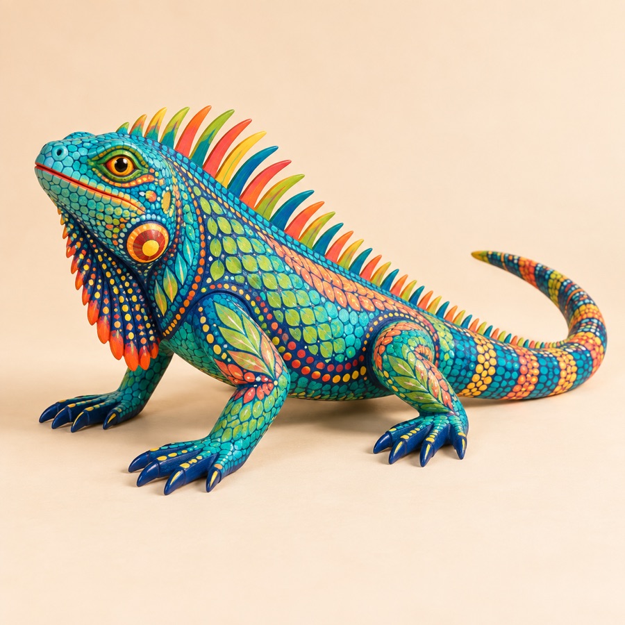 Alebrije de iguana turquesa con cresta multicolor y escamas pintadas.