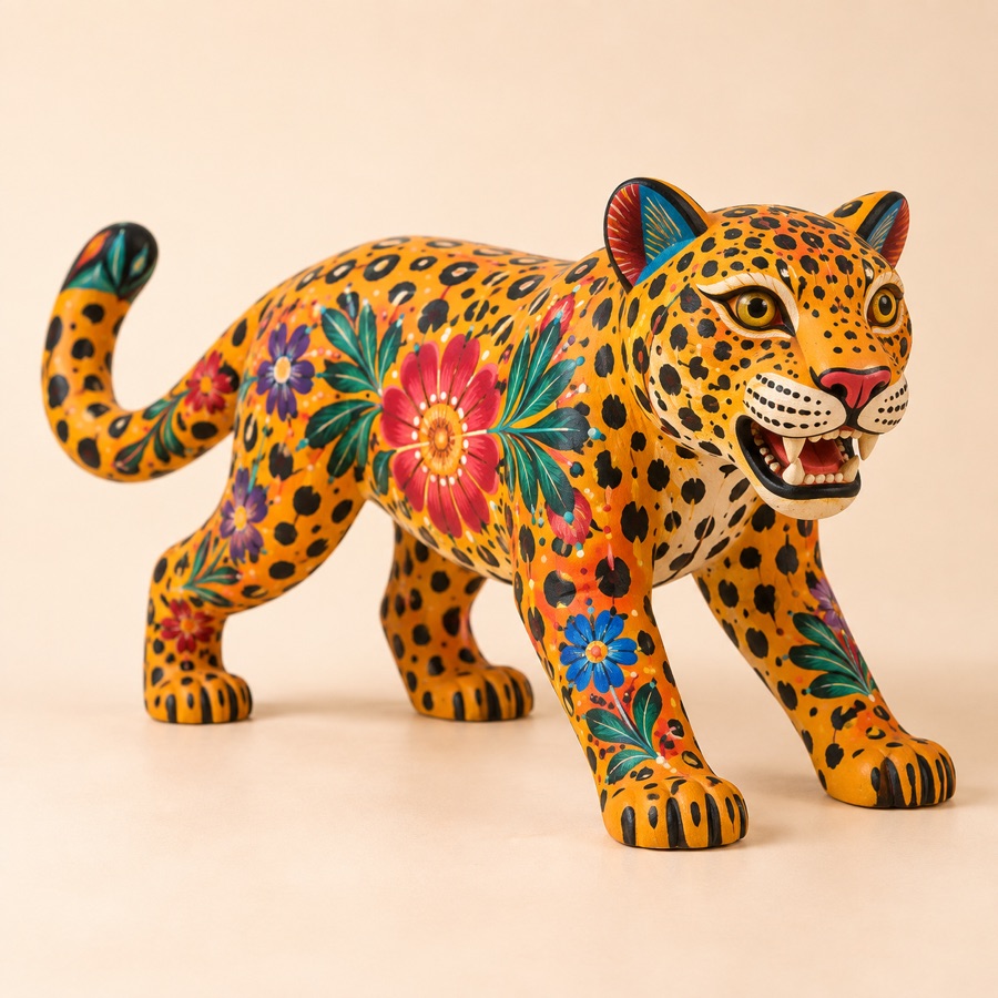Alebrije de jaguar amarillo con manchas y flores pintadas.
