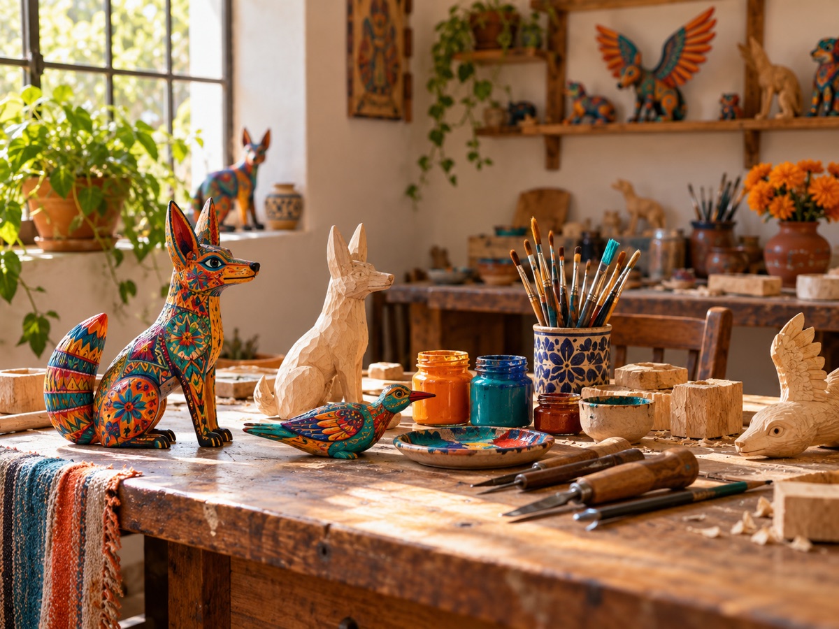 Mesa de trabajo artesanal con alebrijes, pinceles, pinturas y herramientas.