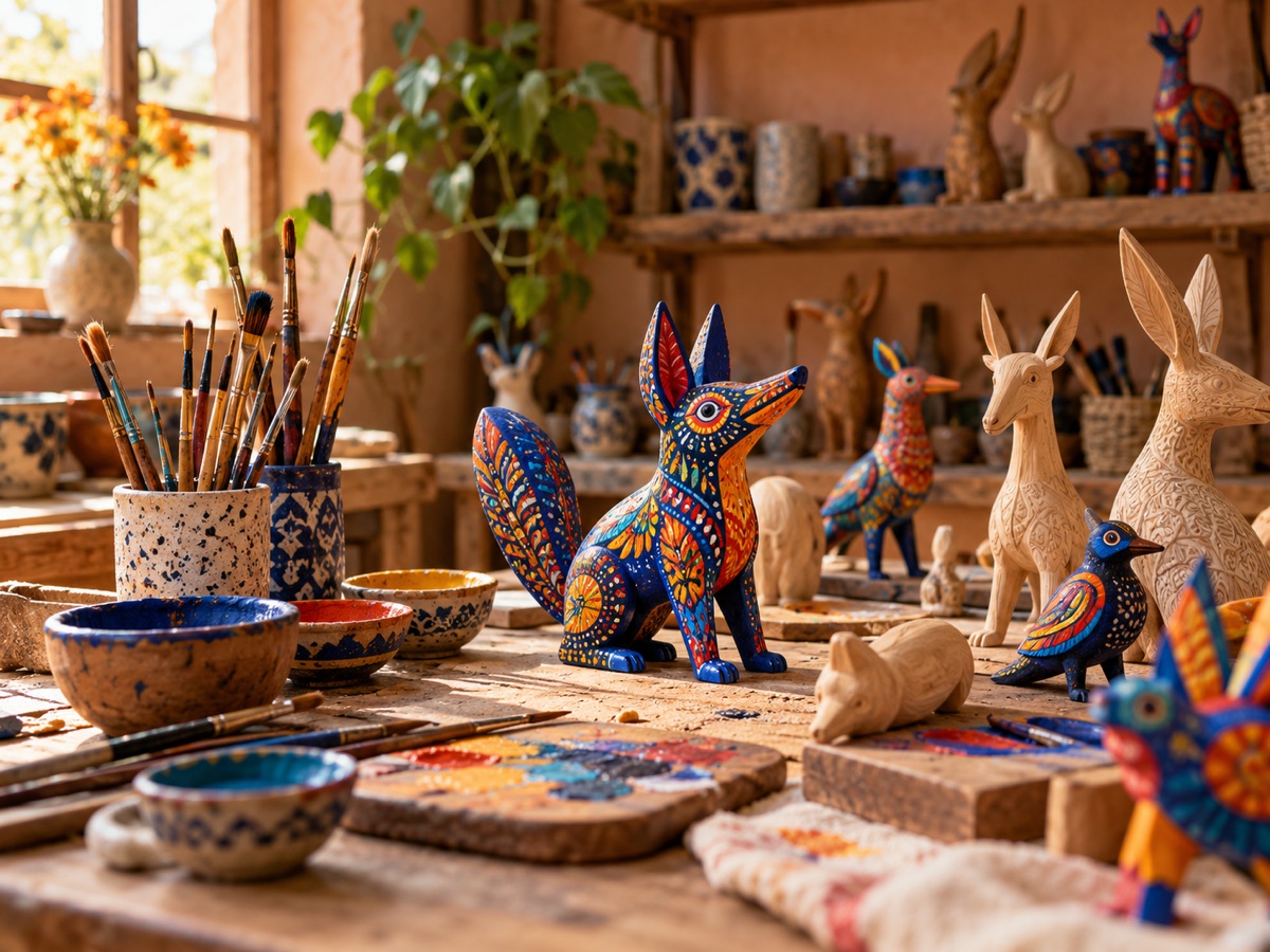 Taller artesanal cálido con pinceles, pigmentos y piezas de alebrije en proceso.