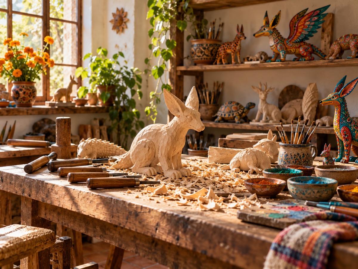 Espacio de tallado con madera, virutas, herramientas y alebrijes en proceso.