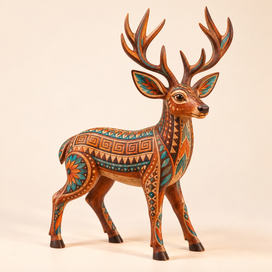 Alebrije de venado café con astas altas y grecas turquesa.